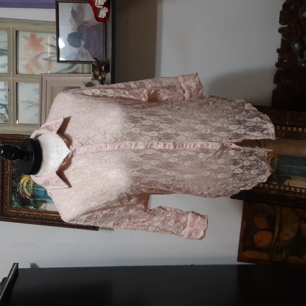 Womens Lace button up Collared Blouse long sleeve shirt sz M by SELF ESTEEM